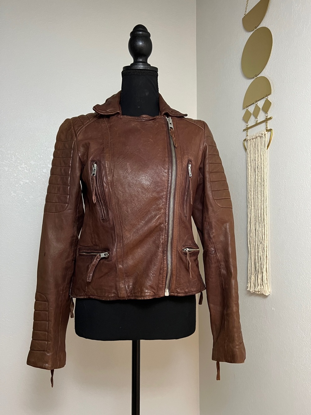 AllSaints Vintage Oxblood Leather Moto Jacket, Brown, UK12/US8/EU40 * Runs Small